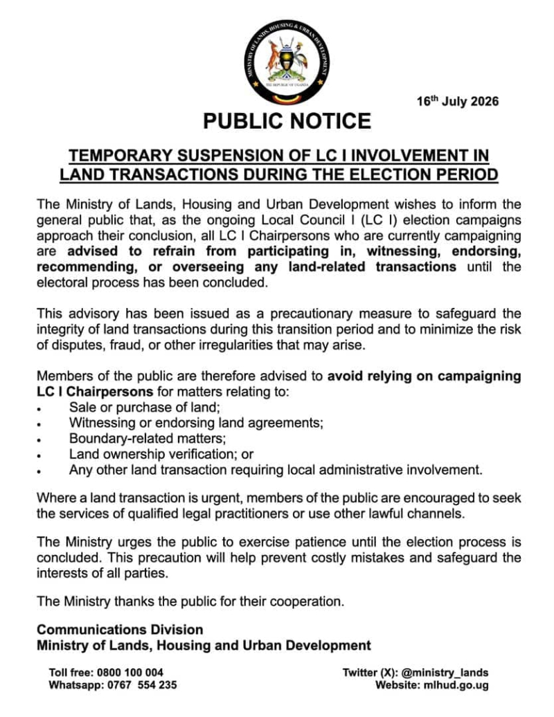 Ministry Suspends Campaigning LC1 Chairpersons from Land Transactions amid Election Period